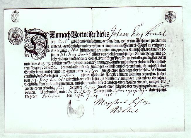 J.G.Brendel Geburtsbrief